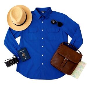 TravelSmith Royal Blue Button Up Shirt Mens Large Wrinkle Resistant Travelwear
